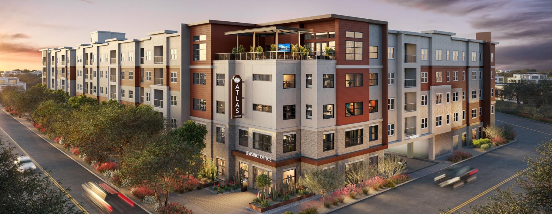 a building with a parking lot