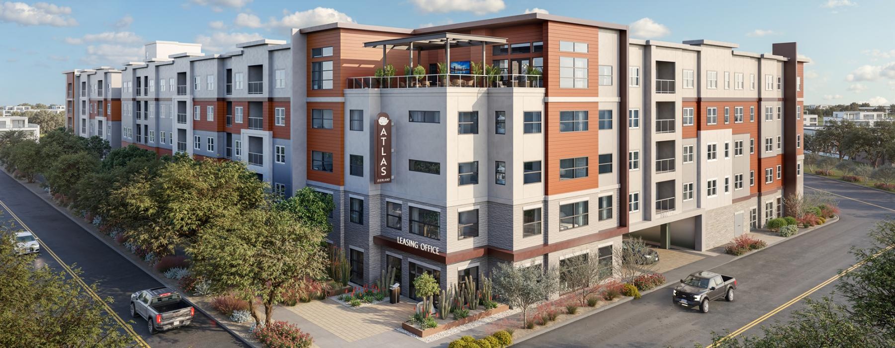 a building with cars parked in front