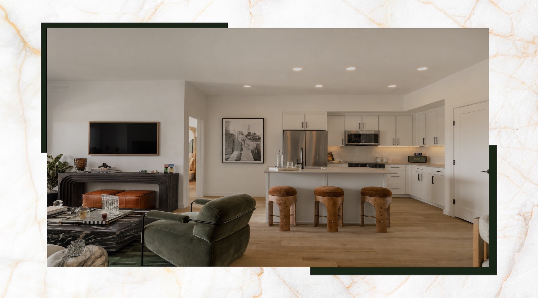 kitchen with connections to living areas and a bedroom